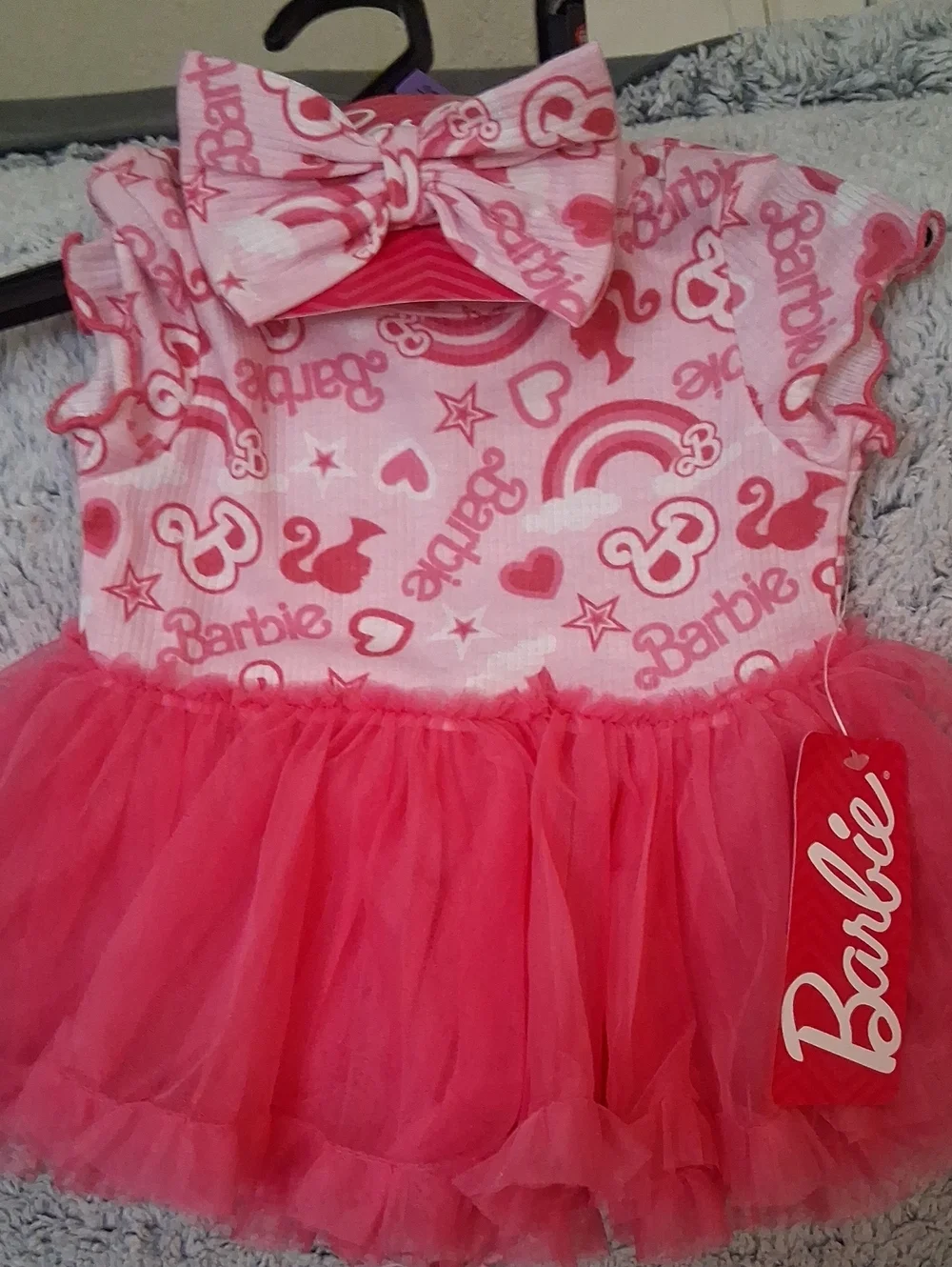 Barbie Pink Heart & Rainbow Tulle Dress with Matching Bow 12M